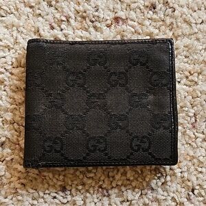 Gucci Black Classic Leather Trim Canvas Bifold Wallet